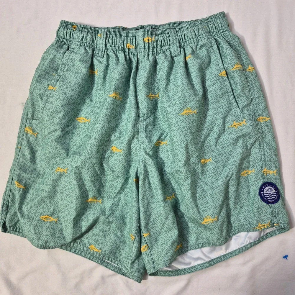 AFTCO Swim Trunks Mens Small Green Fish Print Board‎ Shorts Fishing Wear